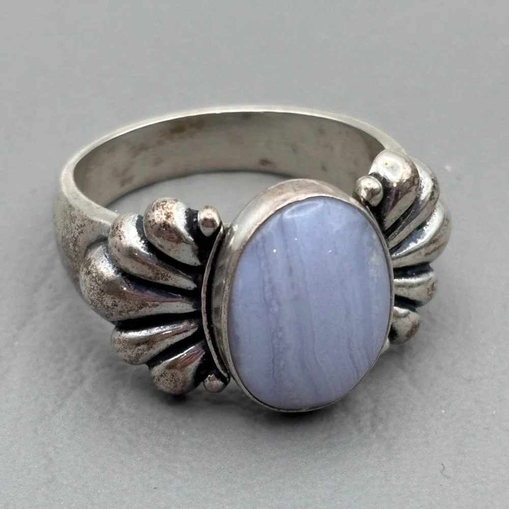 Vintage Carolyn Pollack Relios Ring Sterling Blue Lace Agate Size 8.25 - 8.5